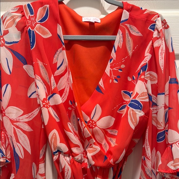 Pink Lily Floral Mini Dress - Red and White - Picture 5 of 11